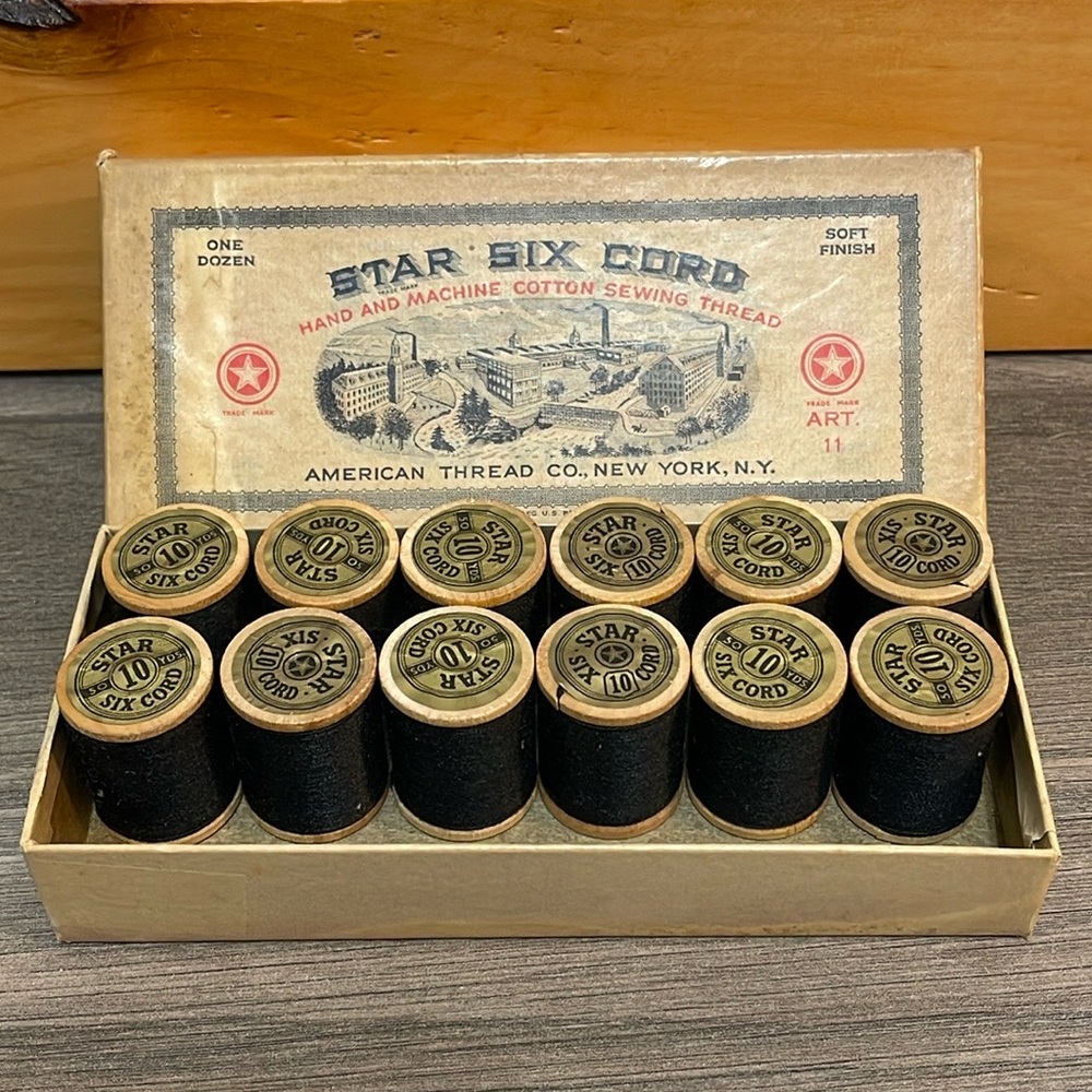 Vintage original box of 12 Black Wooden Spools of Star Six 10 Cord 50 Yards